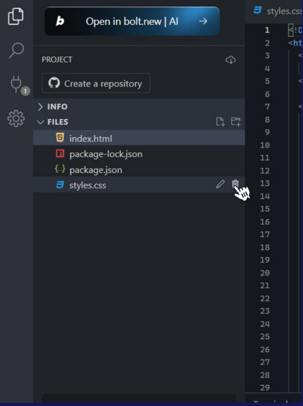 The StackBlitz files panel, deleting styles.css