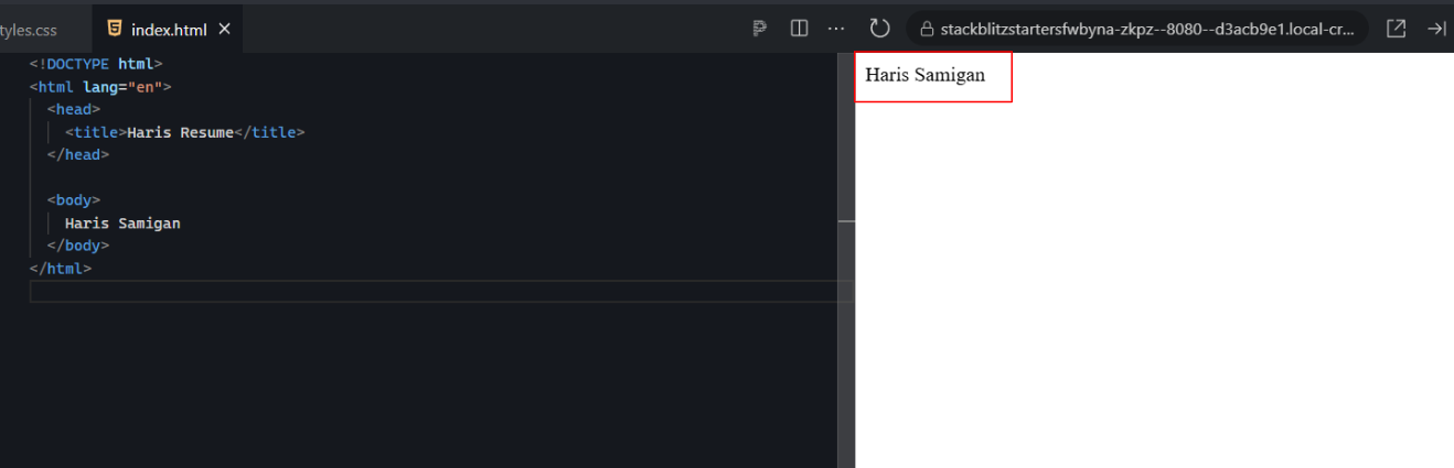 The preview showing your name after saving