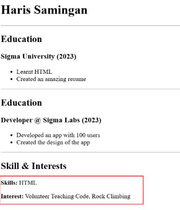 Skills and interest section