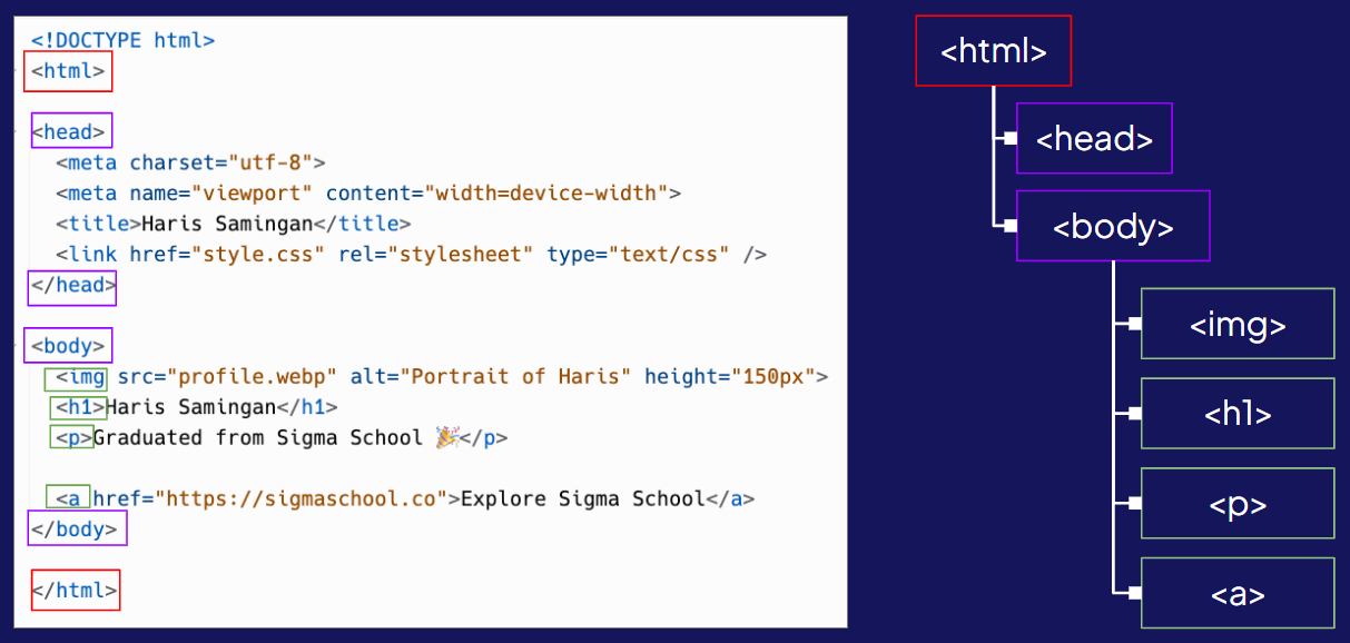 The HTML elements arranged as a parent and child hierarchy