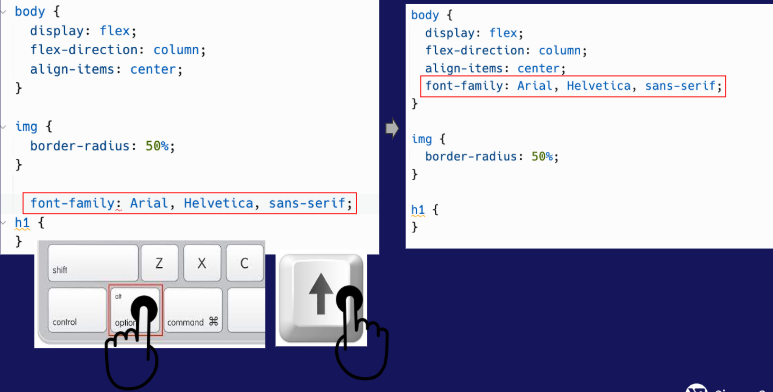 Move the font-family line with Alt or Option and Up Arrow