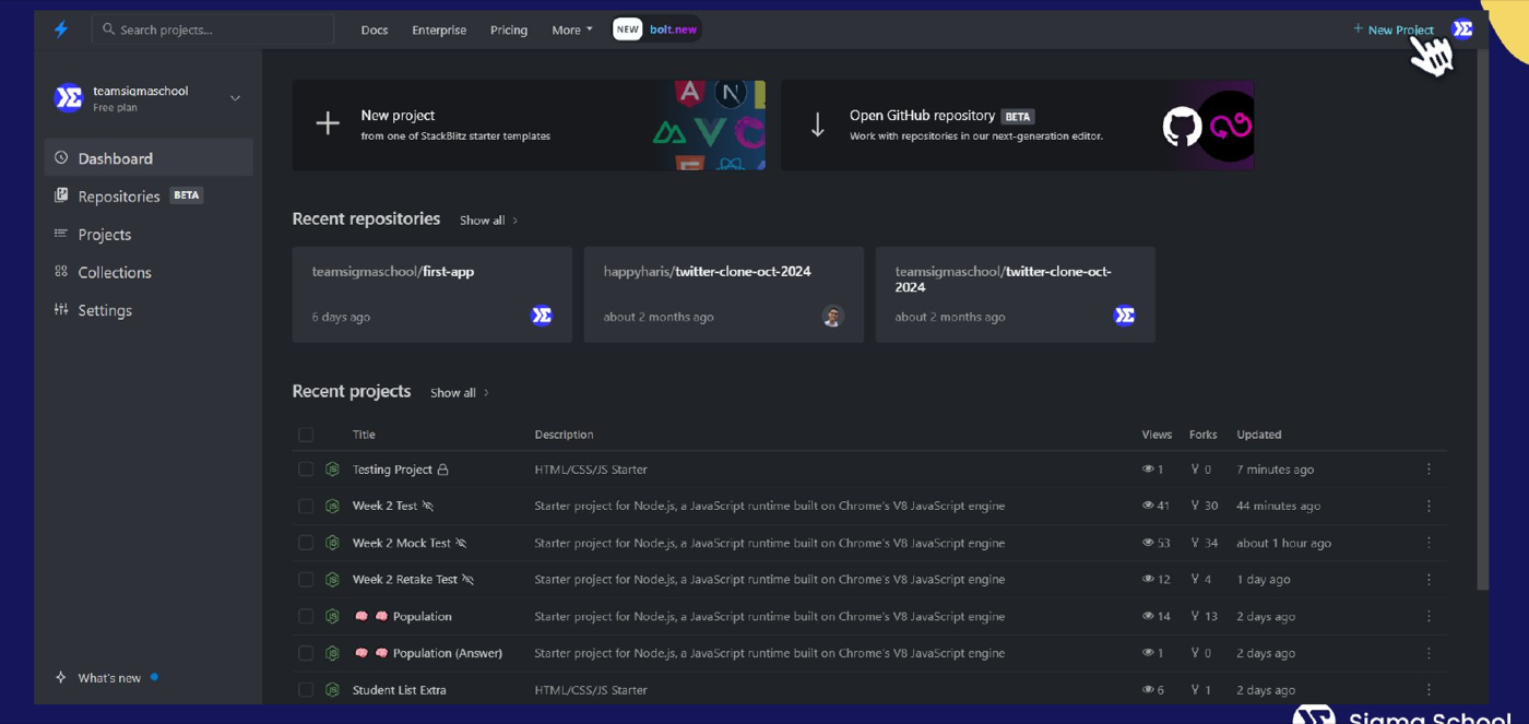 The StackBlitz dashboard with the New Project button