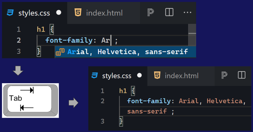 Tab shortcut to autocomplete font families