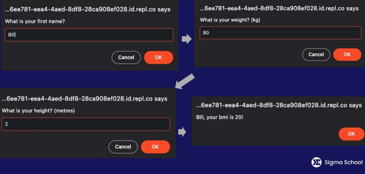 The prompt dialogs followed by the BMI result alert