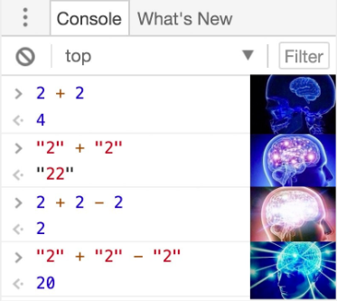 JavaScript quirk: 2 + 2 is 4, but "2" + "2" is "22"
