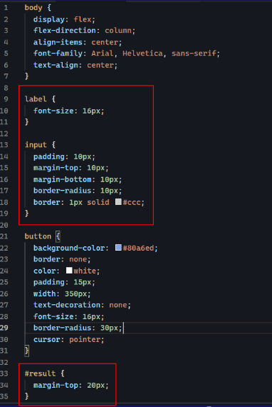 CSS code for label, input, and paragraph with id result