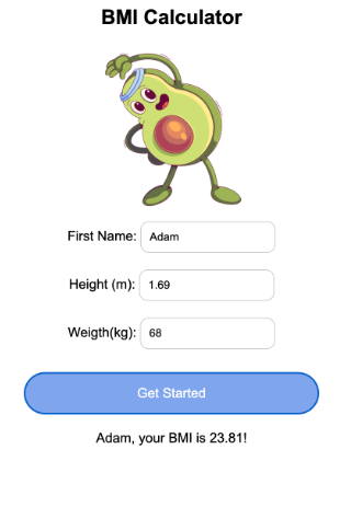 The working calculator showing Adam, your BMI is 23.81!
