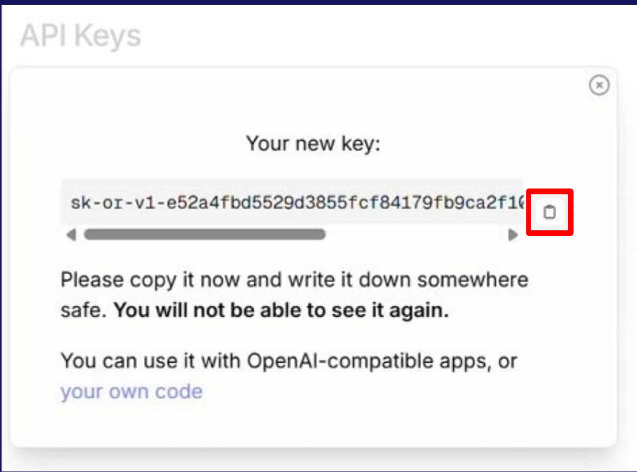 Copying your new OpenRouter API key