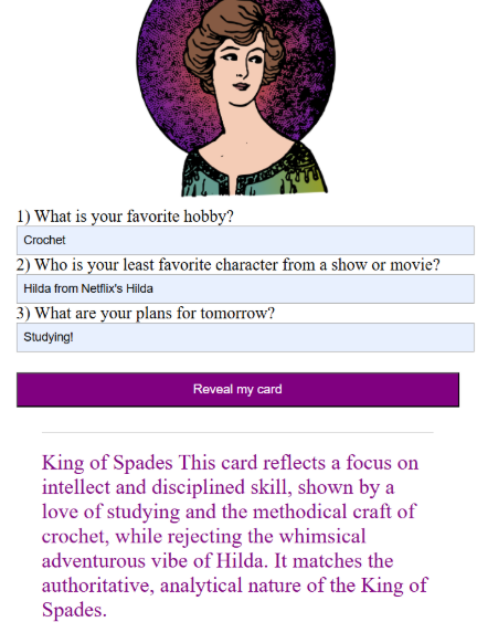 The finished quiz revealing a King of Spades personality card