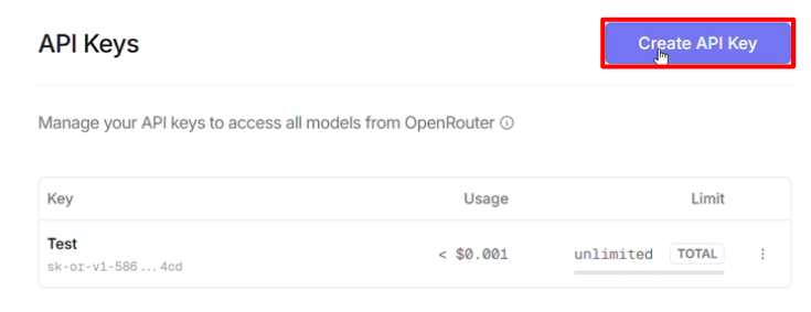OpenRouter Create API Key button