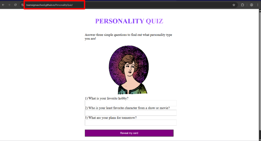 The personality quiz at its public GitHub Pages URL