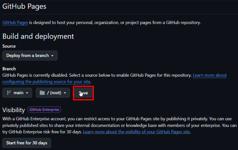 Save the GitHub Pages branch settings