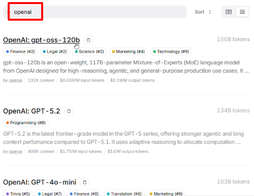 Choosing the gpt-oss-120b model in OpenRouter