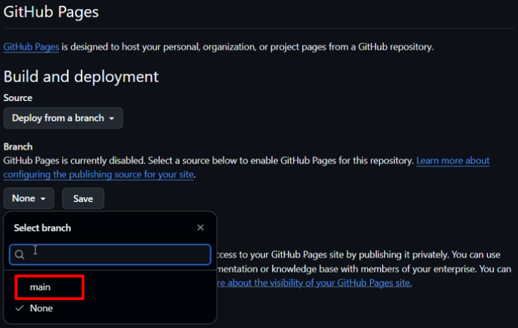 Select the main branch as the GitHub Pages source