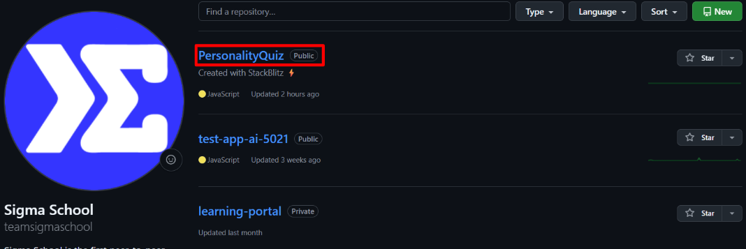 Select the PersonalityQuiz repository
