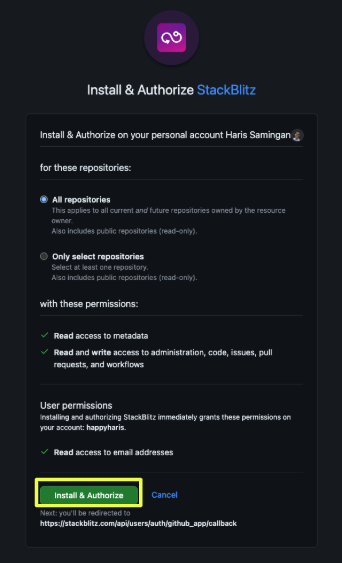 GitHub Install and Authorize on StackBlitz